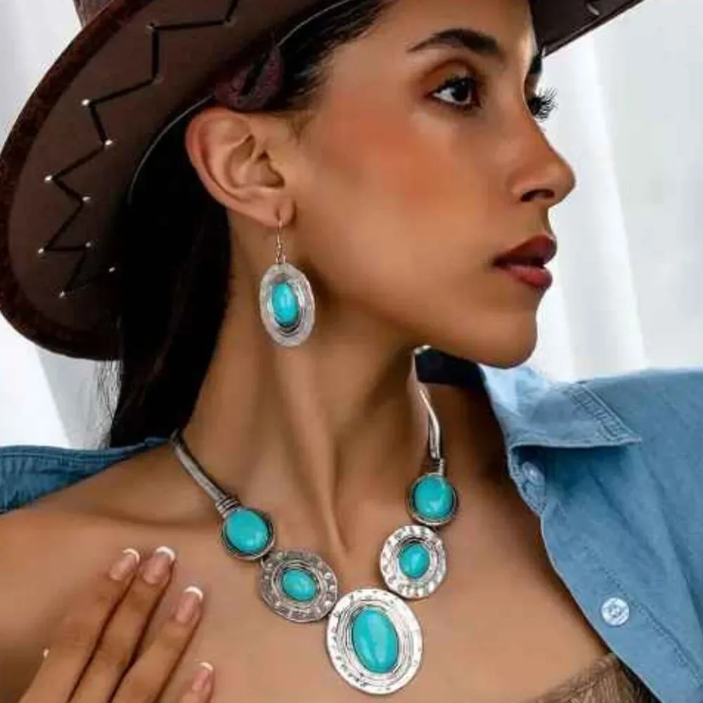 Western Boho Turquoise Silver Necklace and Earring Set
